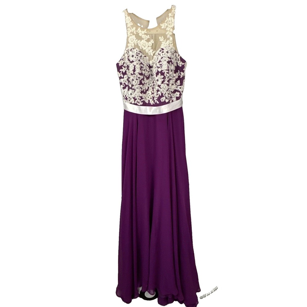 Impression Bridal Women's Sz 4 Long Dress Purple Ivory Floral Lace Embroidery